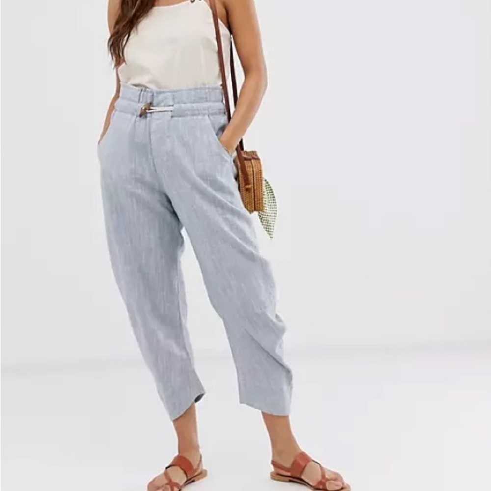 Free People Paradise Blue Linen Blend High Rise Capri Cropped Pants